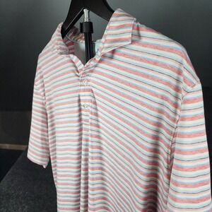 Johnnie-O Polo‎ Shirt Mens L Pink White Stripe Performance Stretch Golf Heather
